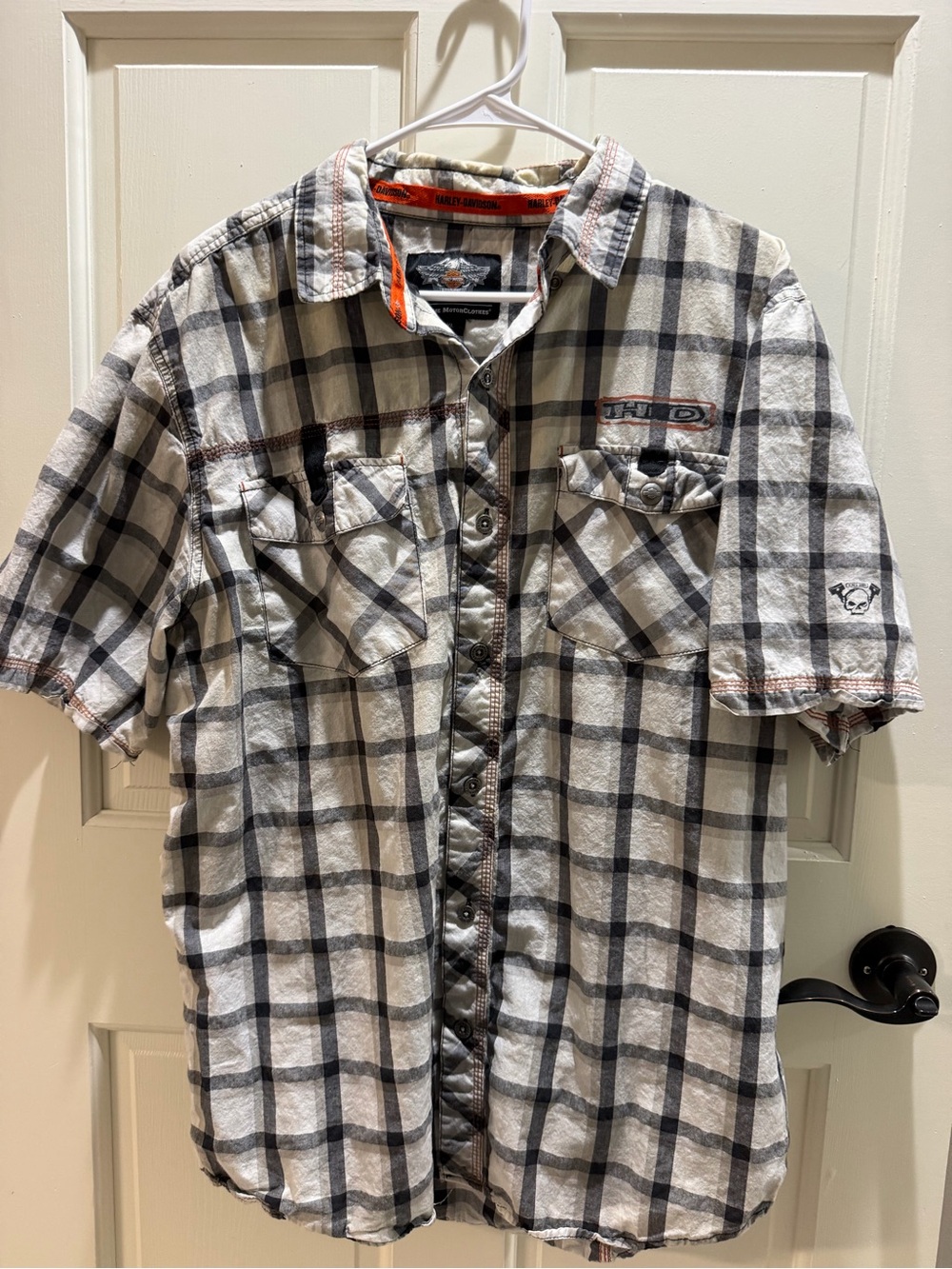 Harley Davidson Men's Short-Sleeve Plaid Button-Up Shirt - Gray/White